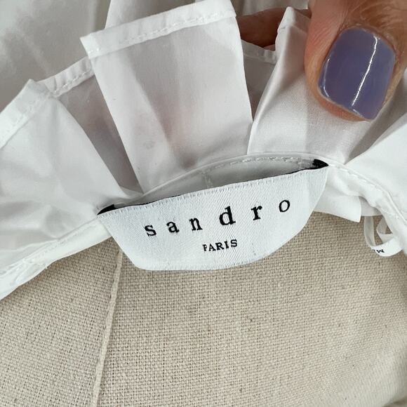Sandro Womens Ruffled Cotton Poplin Shirt Blouse Top White - Picture 10 of 13